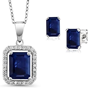 Gem Stone King 925 Sterling Silver Blue Sapphire Pendant Necklace Earrings Set For Women (4.04 Cttw, Emerald Cut, with 18 inch Silver Chain)