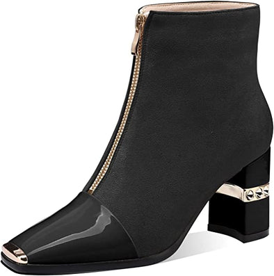 Women Ankle Booties Square Toe Chunky High Heel Boots Zipper Black Casual Booties for Women