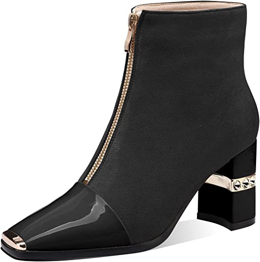 Women Ankle Booties Square Toe Chunky High Heel Boots Zipper Black Casual Booties for Women