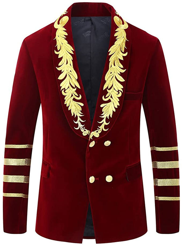 Mens Military Style Embroidery Velvet Blazer Suit Jacket