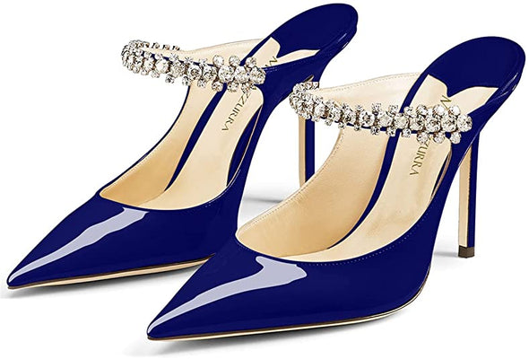 Women Heeled Mules Rhinestone Strappy Pointed Toe Mules Stiletto High Heels Slip On Bridal Sandals for Women