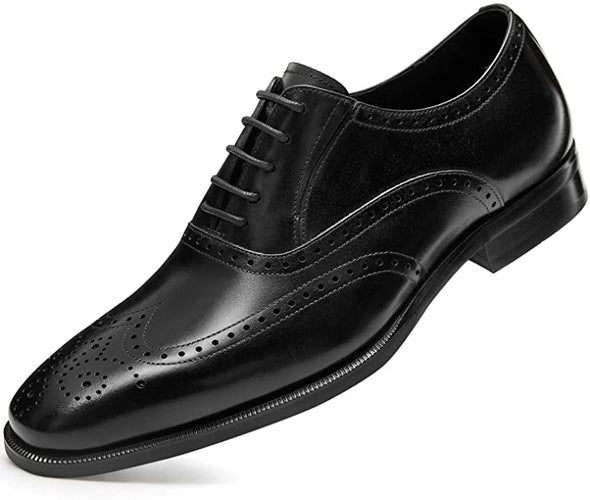 Men’s Dress Shoes with Genuine Leather in Classic Brogue Elastic Band Oxford Formal Shoes for Men