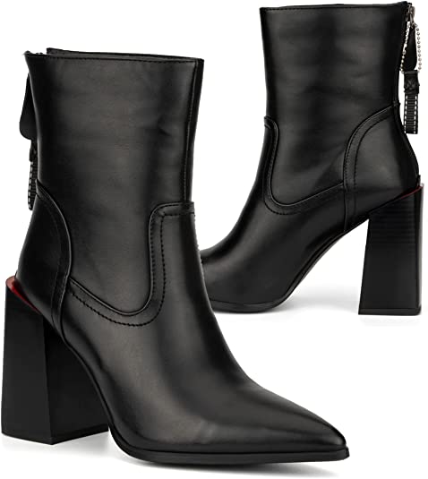 Women’s Bella Fashion Supple faux leather, Zipper Ankle Boots, stacked heel pointed-Toe, Rubber Outsole
