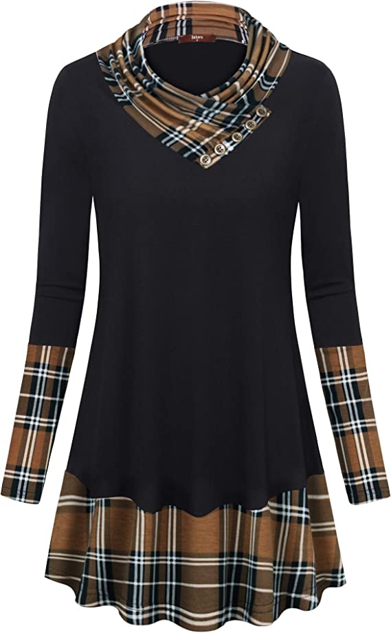 Women's Long Sleeve Button Cowl Neck Floral Printed Casual Tunic Tops