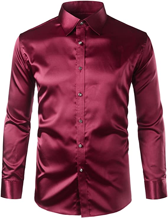 Mens Regular Fit Long Sleeve Shiny Satin Silk Like Dance Prom Dress Shirt Tops
