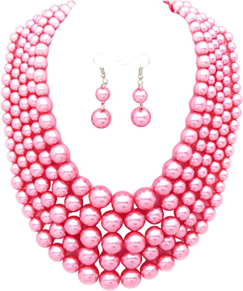 Women's Simulated Faux Pearl Five Multi-Strand Statement Necklace and Earrings Set