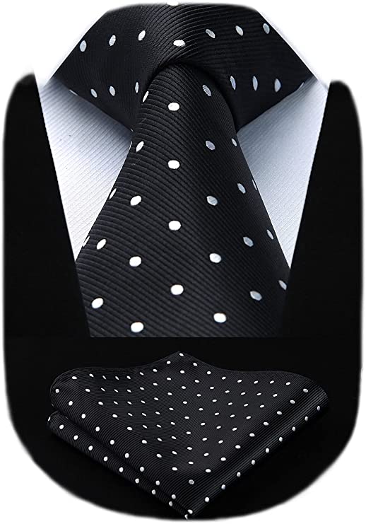 Extra Long Polka Dots Stripe Tie Handkerchief Men's Necktie & Pocket Square Set