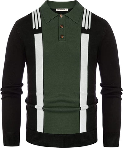 Men's Vintage Stripe Contrast Pullover Sweater Button Lapel Polo Knitwear