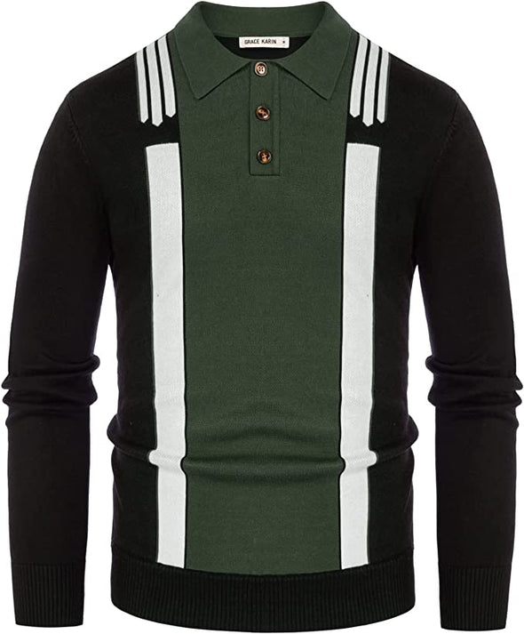 Men's Vintage Stripe Contrast Pullover Sweater Button Lapel Polo Knitwear