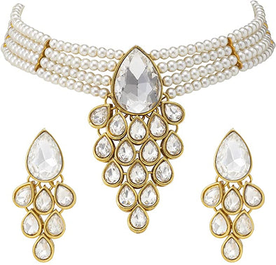 Faux Pearl Necklace Earrings Indian Traditional Bollywood Jewelry Set for Women Girls