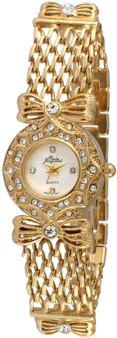 Pierre Jacquard 14K Gold Plated Ladies Bow & Crystal Chain Bracelet Dress Watch
