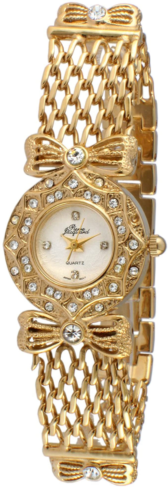 Pierre Jacquard 14K Gold Plated Ladies Bow & Crystal Chain Bracelet Dress Watch