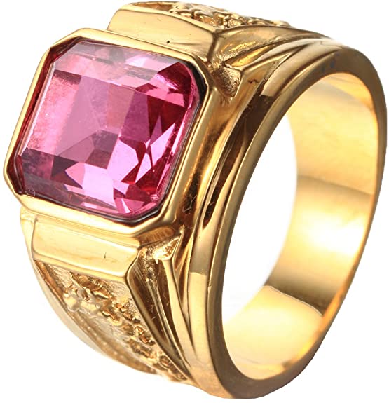 Men's Stainless Steel Black Agate Stone 18K Gold Promise Ring Wedding Band