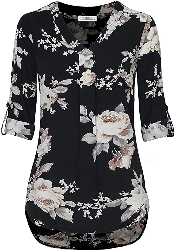 Womens 3/4 Cuffed Sleeve Chiffon Printed V Neck Casual Blouse Shirt Tops