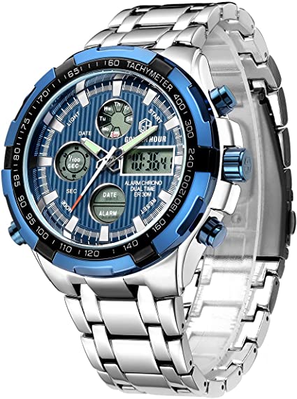 Luxury Stainless Steel Analog Digital Watches for Men Male Outdoor Sport Waterproof Big Heavy Wristwatch