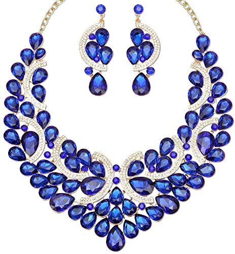 Gorgeous Crystal Statement Bib Necklace and Earrings Bridal Wedding Costume Jewelry Sets for Brides Bridesmaids Women Ladies