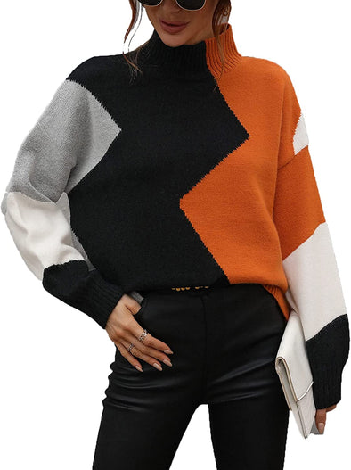Women's Sweaters Casual Long Sleeve Crewneck Color Block Patchwork Pullover Knit Sweater Tops
