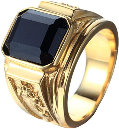 Men's Stainless Steel Black Agate Stone 18K Gold Promise Ring Wedding Band