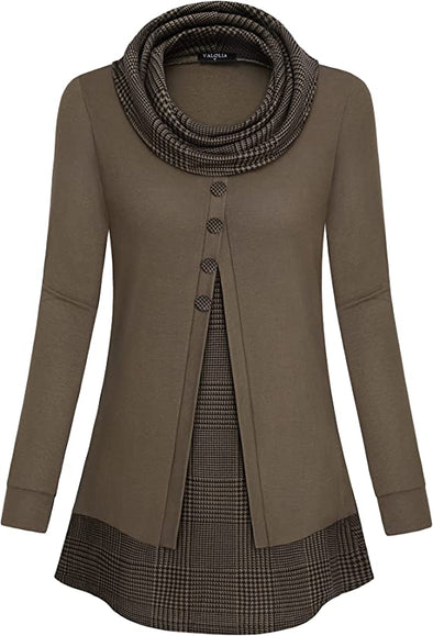 Womens Cowl Neck Long Sleeve Tunic Tops Button Casual Loose Shirts