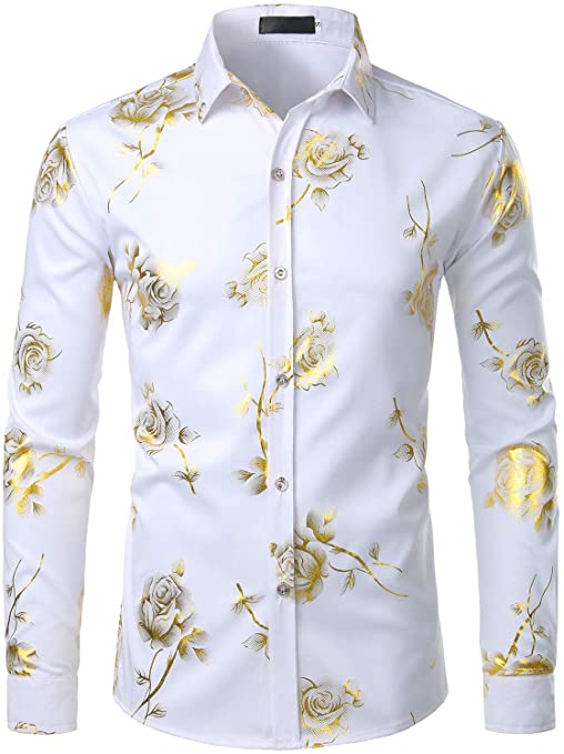 Men's Nightclub Shiny Golden 3D Rose Printed Slim Fit Button Down Party Dress Shirt