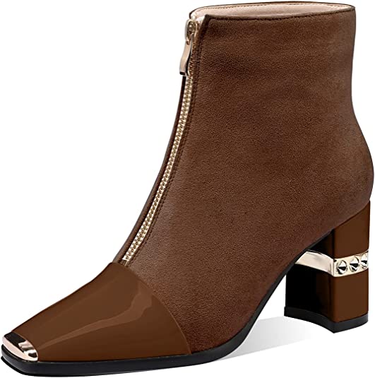 Women Ankle Booties Square Toe Chunky High Heel Boots Zipper Black Casual Booties for Women