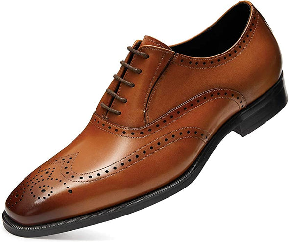 Men’s Dress Shoes with Genuine Leather in Classic Brogue Elastic Band Oxford Formal Shoes for Men