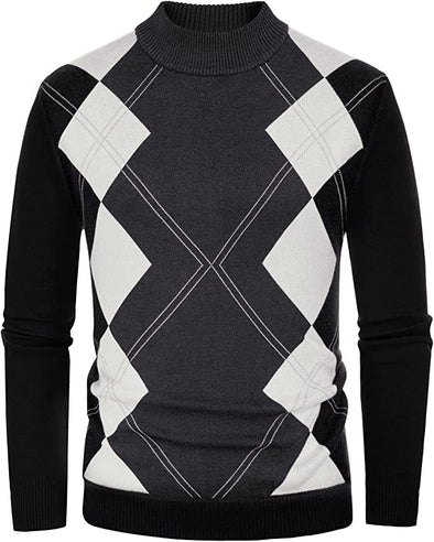 Men's Mockneck Argyle Sweater Vintage Slim Fit Pullovers Sweater