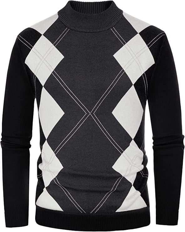 Men's Mockneck Argyle Sweater Vintage Slim Fit Pullovers Sweater