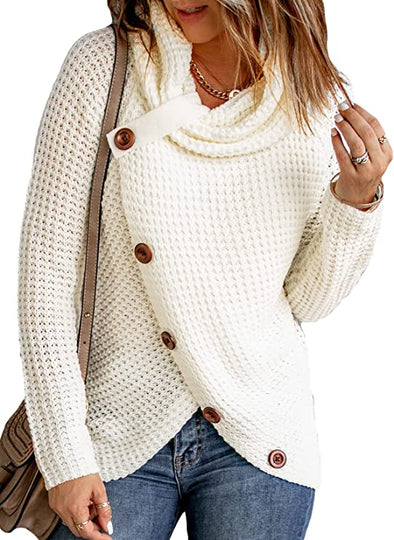 Women's Chunky Turtle Cowl Neck Knit Wrap Asymmetric Hem Sweater Coat with Button Details
