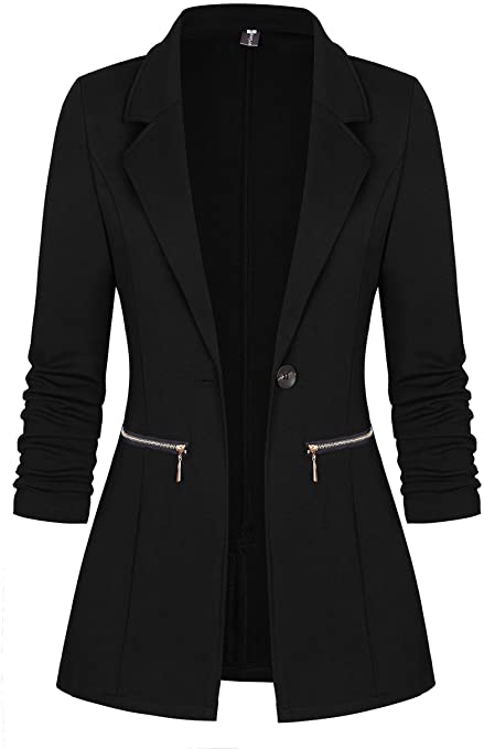 Women's Long Sleeve Blazer Open Front Cardigan Jacket Work Office Blazer with Zipper Pockets