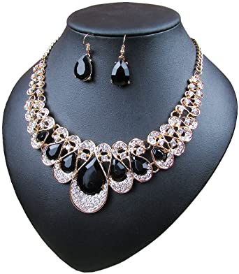 Crystal Glass Water Droplets Large Stones Necklace and Stud Earrings Set for Women
