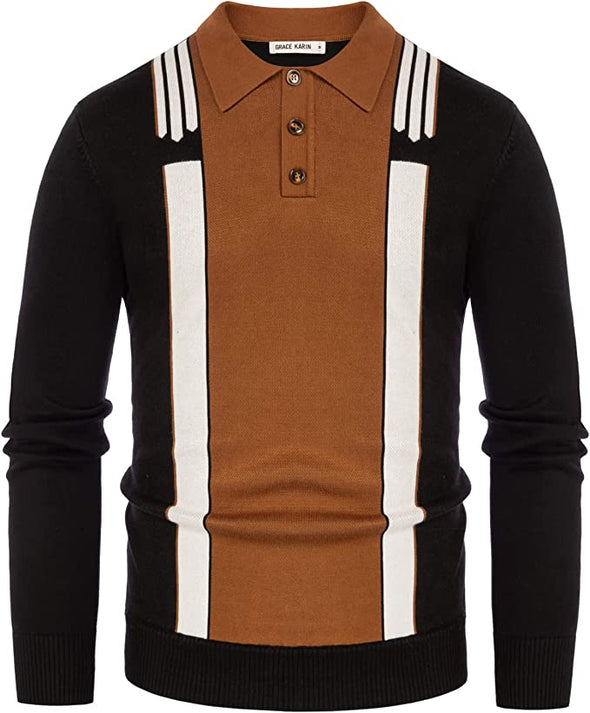 Men's Vintage Stripe Contrast Pullover Sweater Button Lapel Polo Knitwear