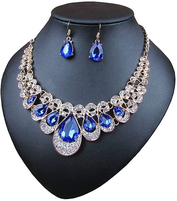 Crystal Glass Water Droplets Large Stones Necklace and Stud Earrings Set for Women