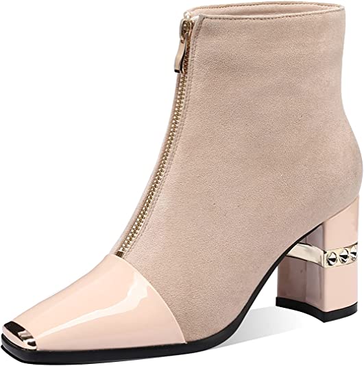 Women Ankle Booties Square Toe Chunky High Heel Boots Zipper Black Casual Booties for Women