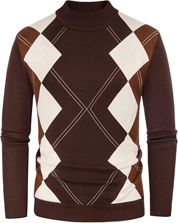 Men's Mockneck Argyle Sweater Vintage Slim Fit Pullovers Sweater