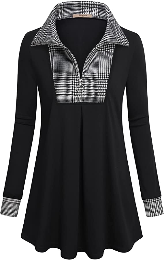 Women's Long Sleeve Quarter-Zip Lapel Tunic Top Plaid Pullover Sweatshirt