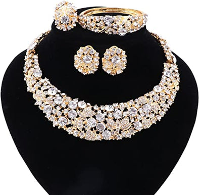 Luxury gold Plated Shinning Flower Crystal Necklace Earrings Bangle Ring Jewelry Set