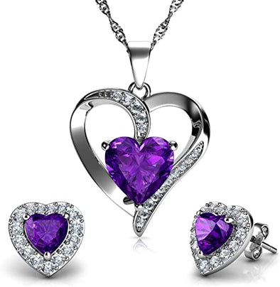 Purple Heart Necklace & Heart Earrings Set - 925 Sterling Silver - Crystal Studs & Pendant Birthstone- Fine Jewellery Set for Women - 18" Rhodium Plated Silver Chain - Cubic Zirconia