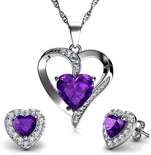 Purple Heart Necklace & Heart Earrings Set - 925 Sterling Silver - Crystal Studs & Pendant Birthstone- Fine Jewellery Set for Women - 18" Rhodium Plated Silver Chain - Cubic Zirconia