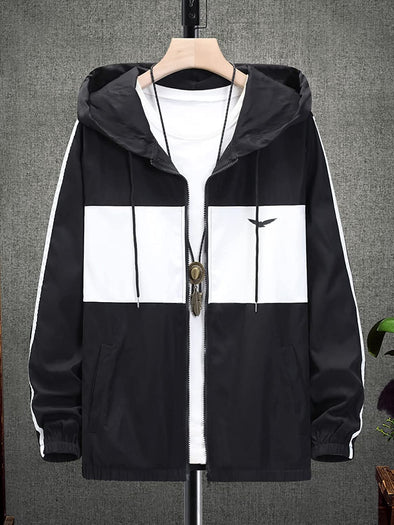 Jackets for Men Men Two Tone Contrast Tape Drawstring Hooded Jacket Without Tee (Color : Black and White, Size : Large)
