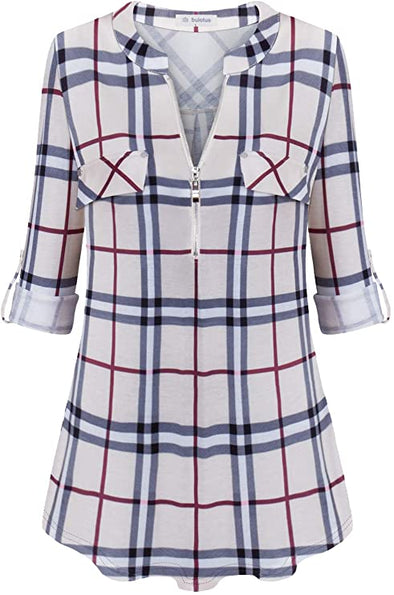 Women's Zip Front V-Neck 3/4 Sleeve Tunic Casual Top