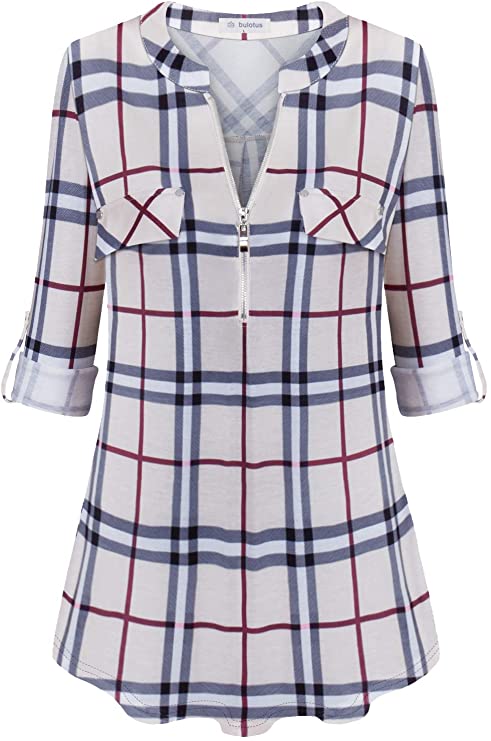 Women's Zip Front V-Neck 3/4 Sleeve Tunic Casual Top