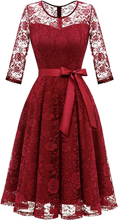 Women's Floral Lace Dress Short Bridesmaid Dresses with Sheer Neckline