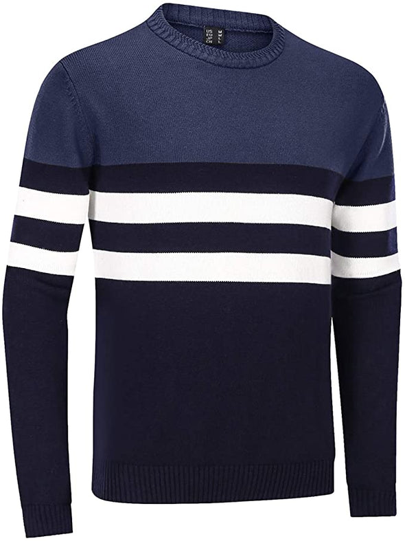 Men's Sweater Crewneck Warm Cotton Classic Pullover Striped Casual Slim Fit Winter Fall Knitted