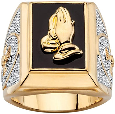 Seta Jewelry Men's 14K Yellow Gold Plated Rectangular Shaped Natural Black Onyx Praying Hands Ring
