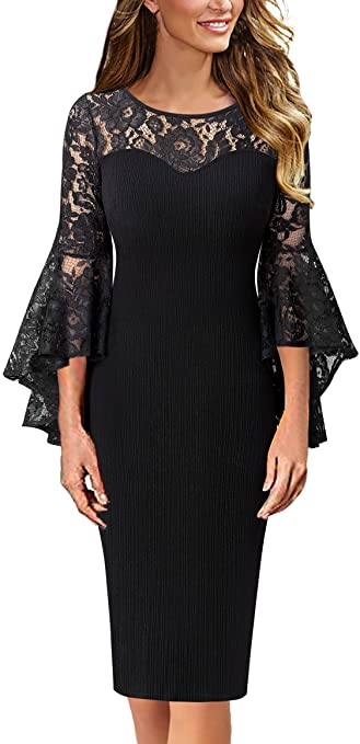 Womens Bell Sleeve Cocktail Party Bodycon Pencil Sheath Dress