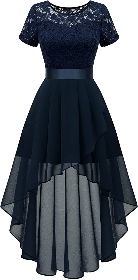 Women's Floral Lace Chiffon Bridesmaid Dress Hi-Lo Swing Party Dress