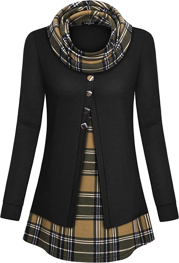 Womens Cowl Neck Long Sleeve Tunic Tops Button Casual Loose Shirts