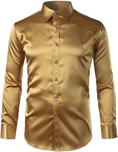 Mens Regular Fit Long Sleeve Shiny Satin Silk Like Dance Prom Dress Shirt Tops