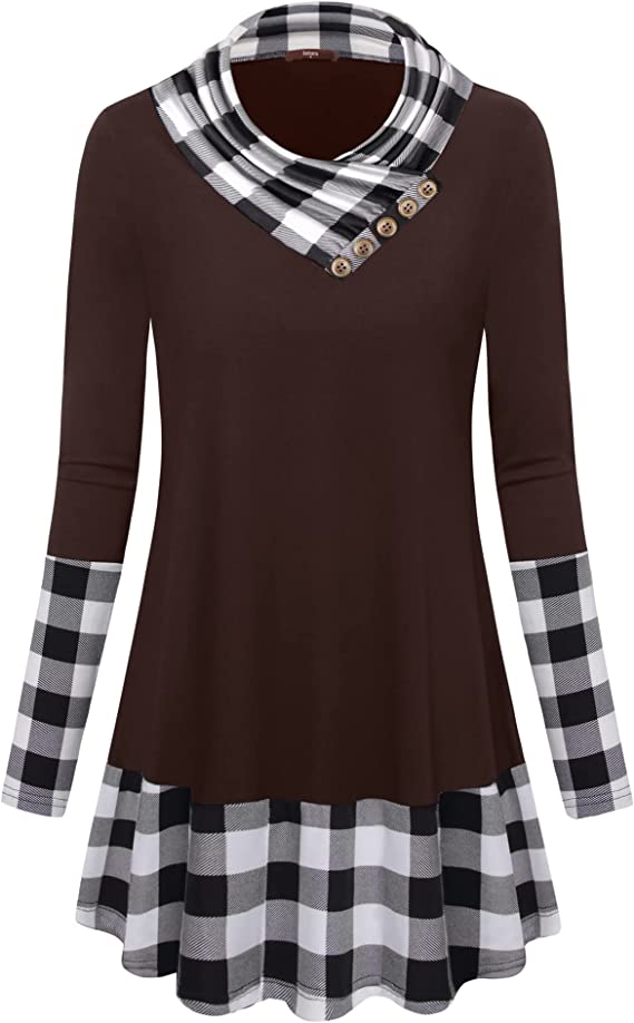 Women's Long Sleeve Button Cowl Neck Floral Printed Casual Tunic Tops